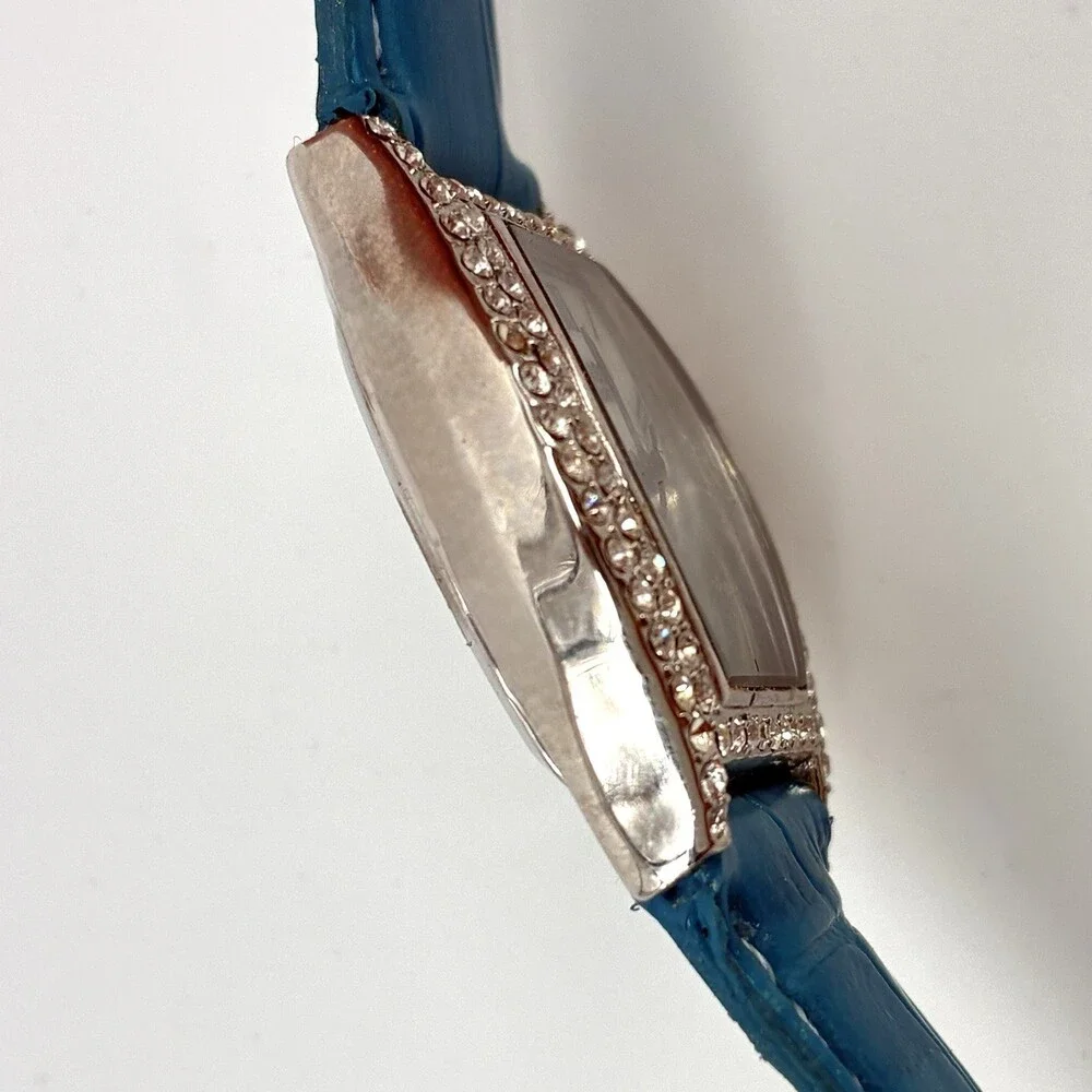 Embassy by Gruen Rhinestone Tonneau Watch Teal Leather Roman (X9)
